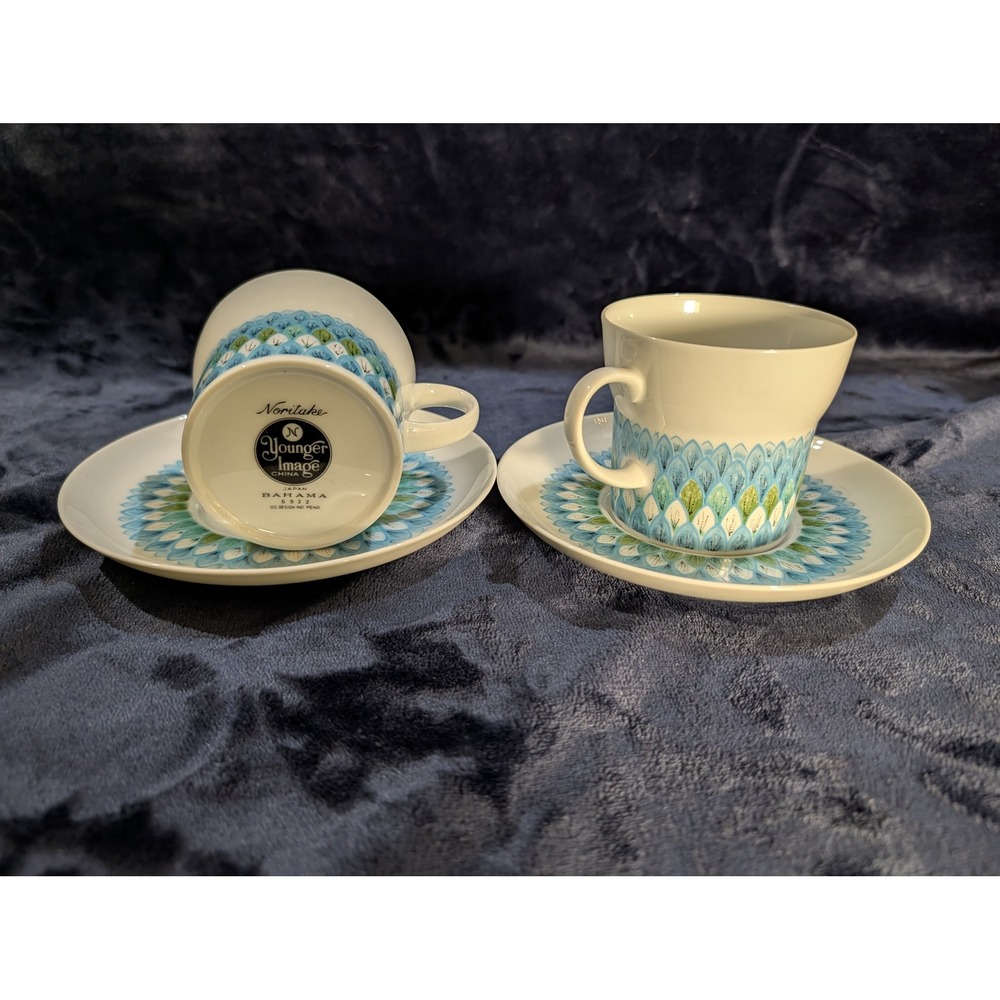 Noritake Younger Image Bahama Coffee Cups Saucers Set of 2 Blue Green Floral MCM - Picture 2 of 10